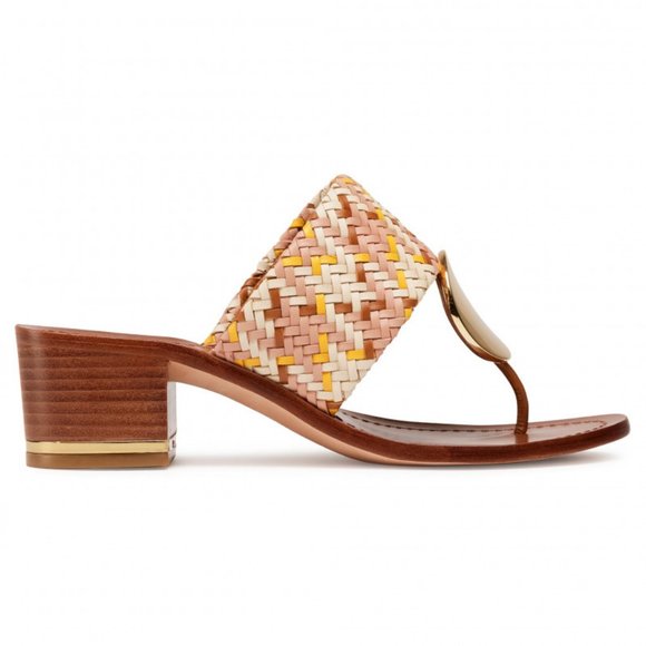 Tory Burch PATOS DISK MID-HEEL SANDAL Woven Neutral Pink Gold Accent Details - Picture 12 of 14